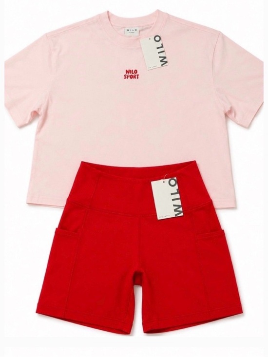 Wilo The Label Pants - WILO Sport Pink Crop Tee & Red Athletic Shorts Set